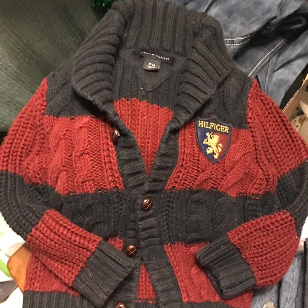 Tommy Hilfiger Red & Navy Cable Knit Shawl Collar Cardigan
